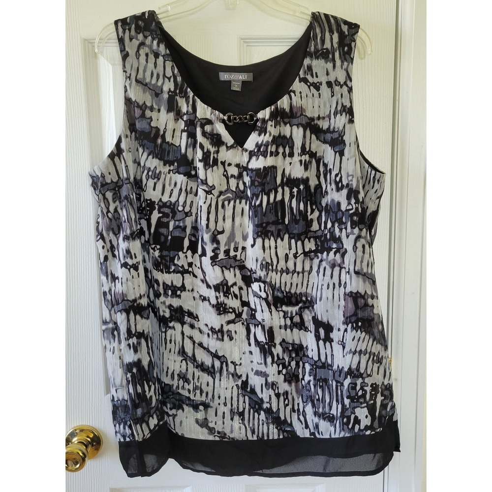 Roz & Ali Womens 1X Abstract Print Sleeveless Blouse Gold Chain Detail Metallic
